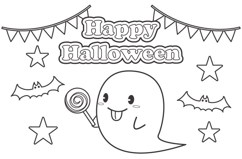 キャンディーを持ったかわいいお化けのハロウィンぬりえ