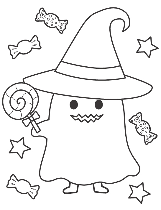 キャンディーとお化けのハロウィンぬりえ
