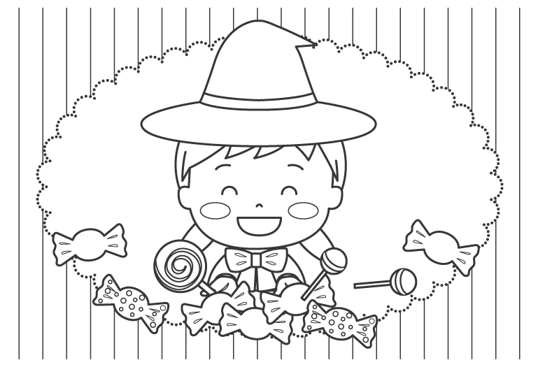 キャンディーと女の子のハロウィンぬりえ