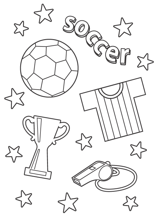 サッカーボール／ユニフォーム／トロフィーなどのぬりえ