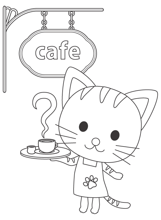 かわいい猫のウエイトレスさんのぬりえ