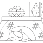 こたつで寝ている猫のぬりえ