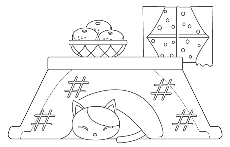 こたつで寝ている猫のぬりえ