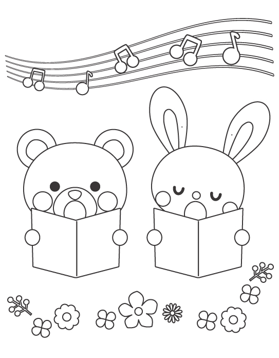 合唱するクマさんとうさぎさんのぬりえ
