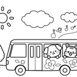 バスでお出かけする動物たちのぬりえ