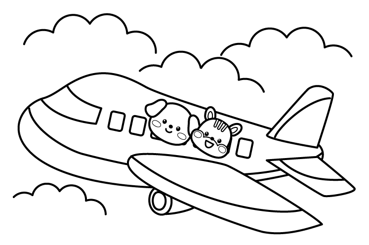飛行機に乗っている犬とリスさんのぬりえ