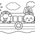 船に乗っているブタさんとうさぎさんのぬりえ