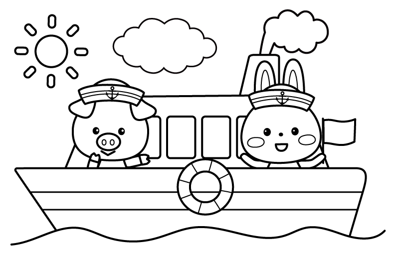 船に乗っているブタさんとうさぎさんのぬりえ