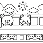 電車に乗っているクマとキツネさんのぬりえ
