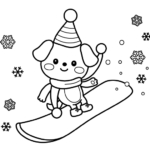 スノボをするかわいい犬のぬりえ