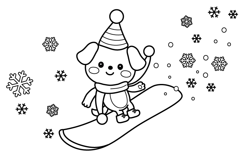 スノボをするかわいい犬のぬりえ