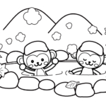 温泉に入るお猿さんたちのぬりえ