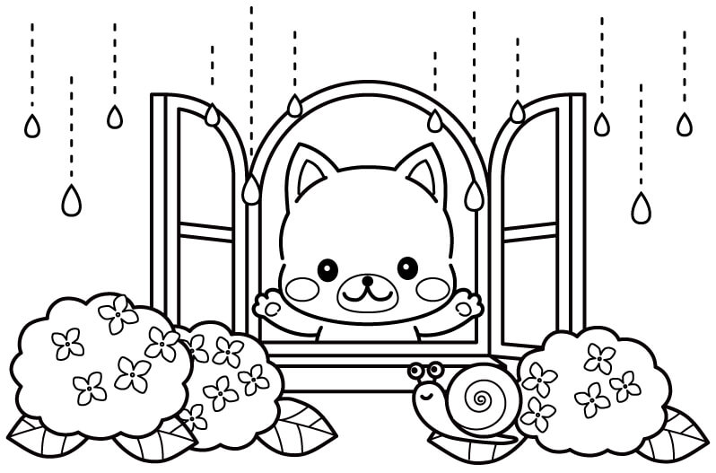 梅雨の紫陽花とワンちゃんのぬりえ