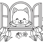 窓からお花畑を見るワンちゃんのぬりえ