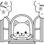 窓から桜を見るワンちゃんのぬりえ