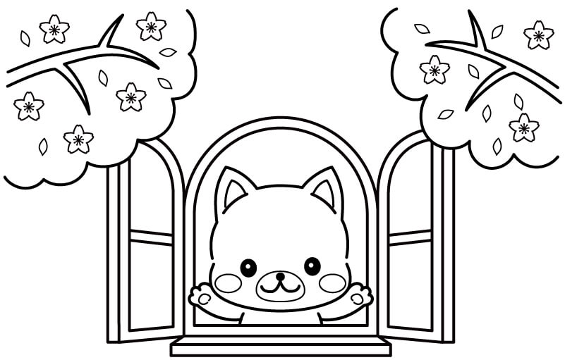 窓から桜を見るワンちゃんのぬりえ
