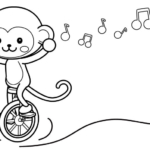 一輪車で遊んでいるお猿さんのぬりえ