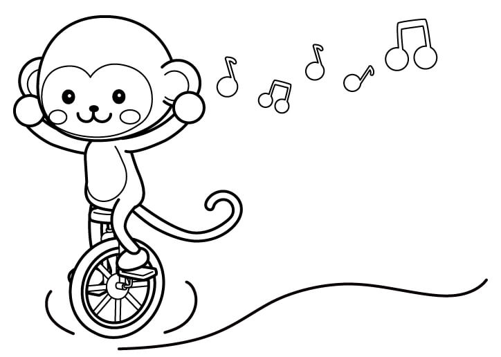 一輪車で遊んでいるお猿さんのぬりえ
