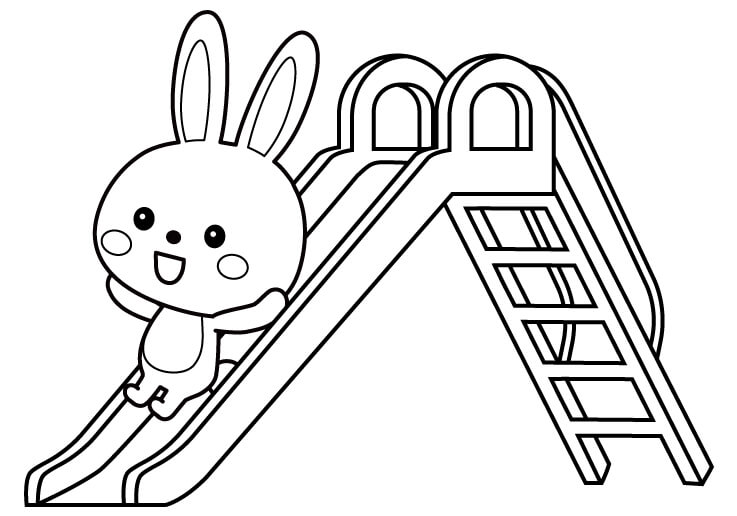 滑り台で遊ぶうさぎさんのぬりえ