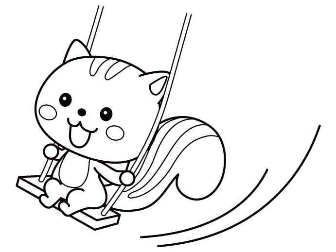 ブランコで遊ぶリスさんのぬりえ