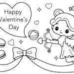 かわいい天使とリボンやハートのバレンタインのぬりえ