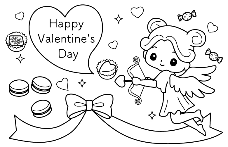 かわいい天使とリボンやハートのバレンタインのぬりえ