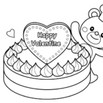 かわいいクマさんのバレンタインケーキのぬりえ