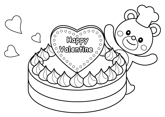 かわいいクマさんのバレンタインケーキのぬりえ