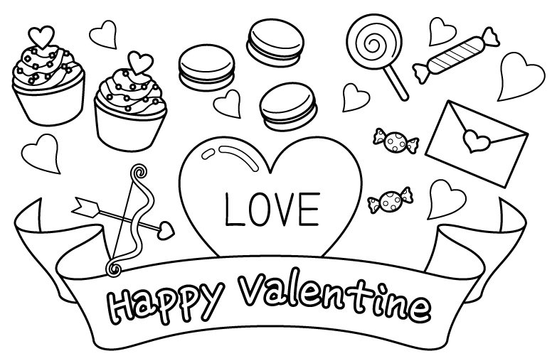 チョコやラブレターのバレンタインのぬりえ