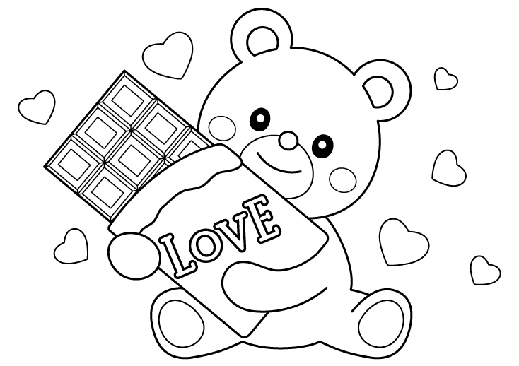 チョコを持っているかわいいクマさんのバレンタインのぬりえ