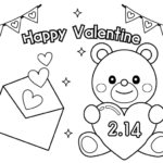 クマさんとラブレターのバレンタインのぬりえ