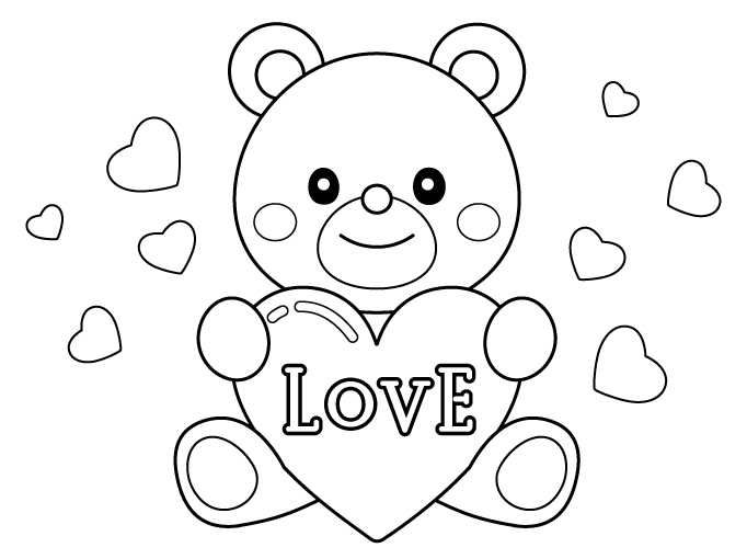 かわいいクマさんのバレンタインのぬりえ