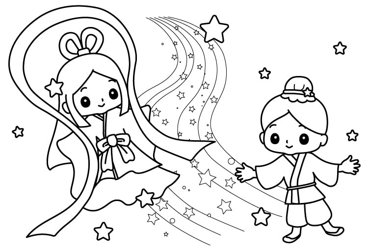 彦星と織姫と天の川の七夕のぬりえ