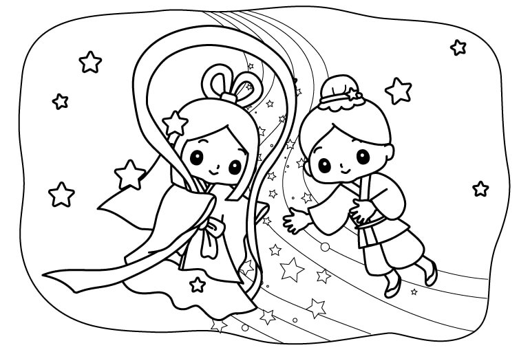 天の川で出会った彦星と織姫のぬりえ