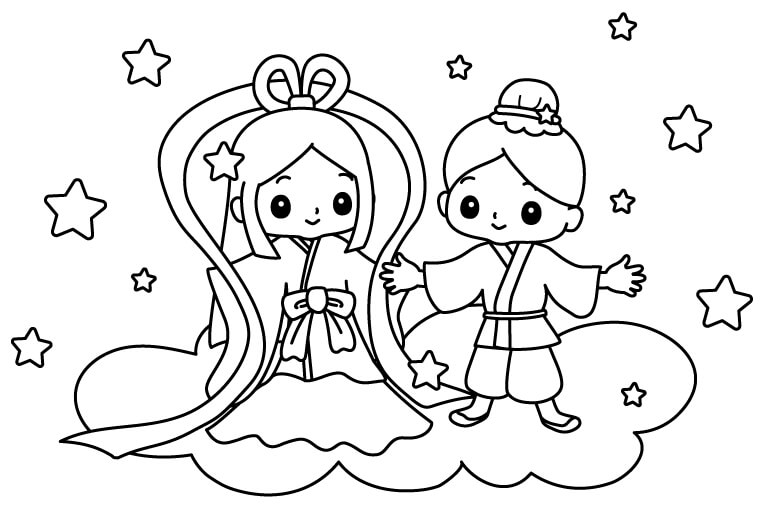 かわいい彦星と織姫のぬりえ