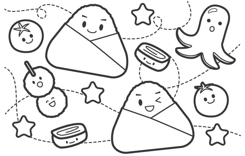 おにぎりやタコさんウインナーのぬりえ