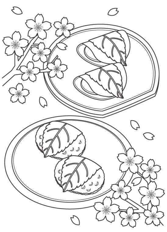 桜もち／道明寺／桜のぬりえ