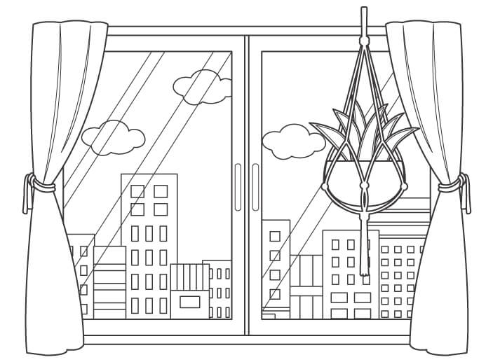窓から見える都市の街並み風景のぬりえ