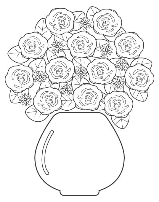 花瓶とたくさんの薔薇（バラ）のぬりえ