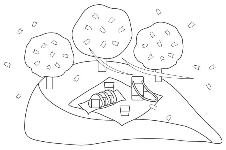 お花見／春のピクニックのぬりえ