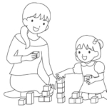 積み木で遊ぶ親子のぬりえ