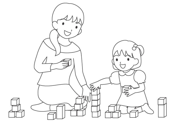 積み木で遊ぶ親子のぬりえ