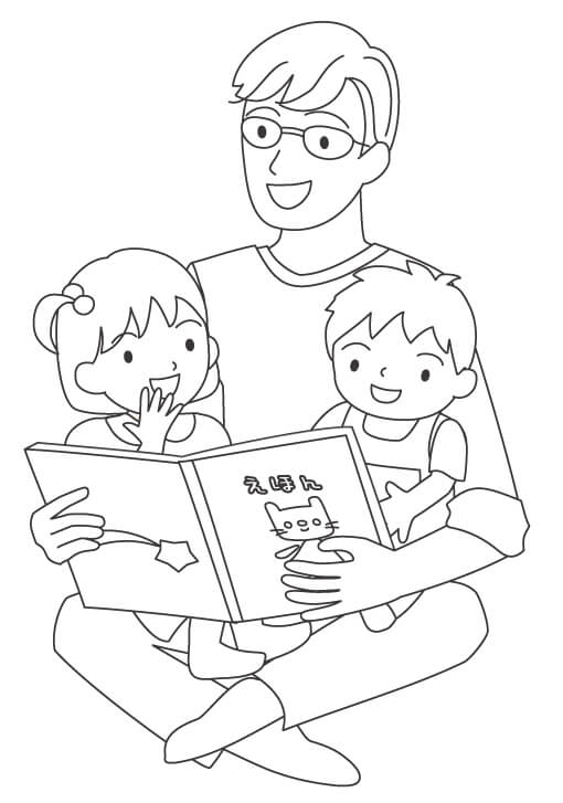 絵本を読み聞かせするお父さんのぬりえ