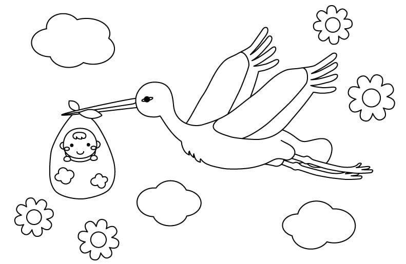 赤ちゃんを運ぶコウノトリのぬりえ