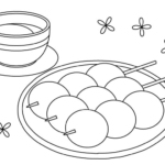 お茶と串のお団子のぬりえ
