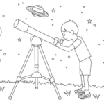 望遠鏡で天体観測をする子どものぬりえ