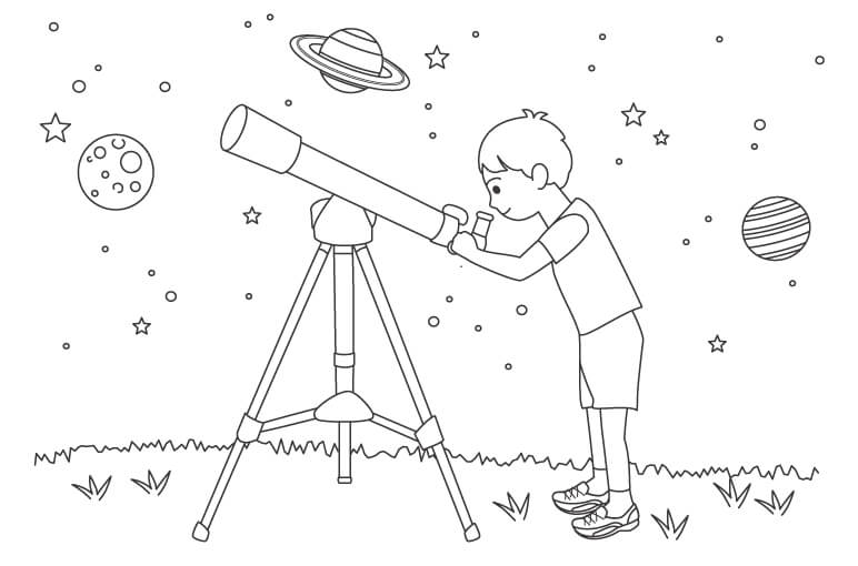 望遠鏡で天体観測をする子どものぬりえ